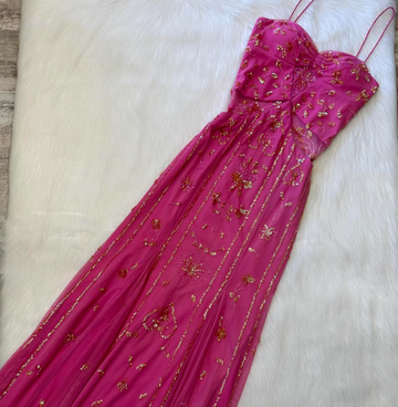 Niulatu Spaghetti Strap Sheath Beaded Chiffon Long Prom Dresses, Hot Pink Formal Evening Dresses HZ1026